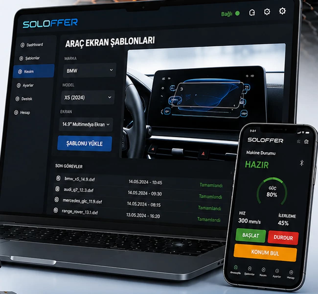 SOLOFFER kesim kontrol yazılımı: araç ekran şablonu seçimi ve mobil makine kontrolü